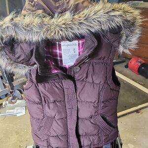 Brown Puffer Vest with Faux Fur Hood